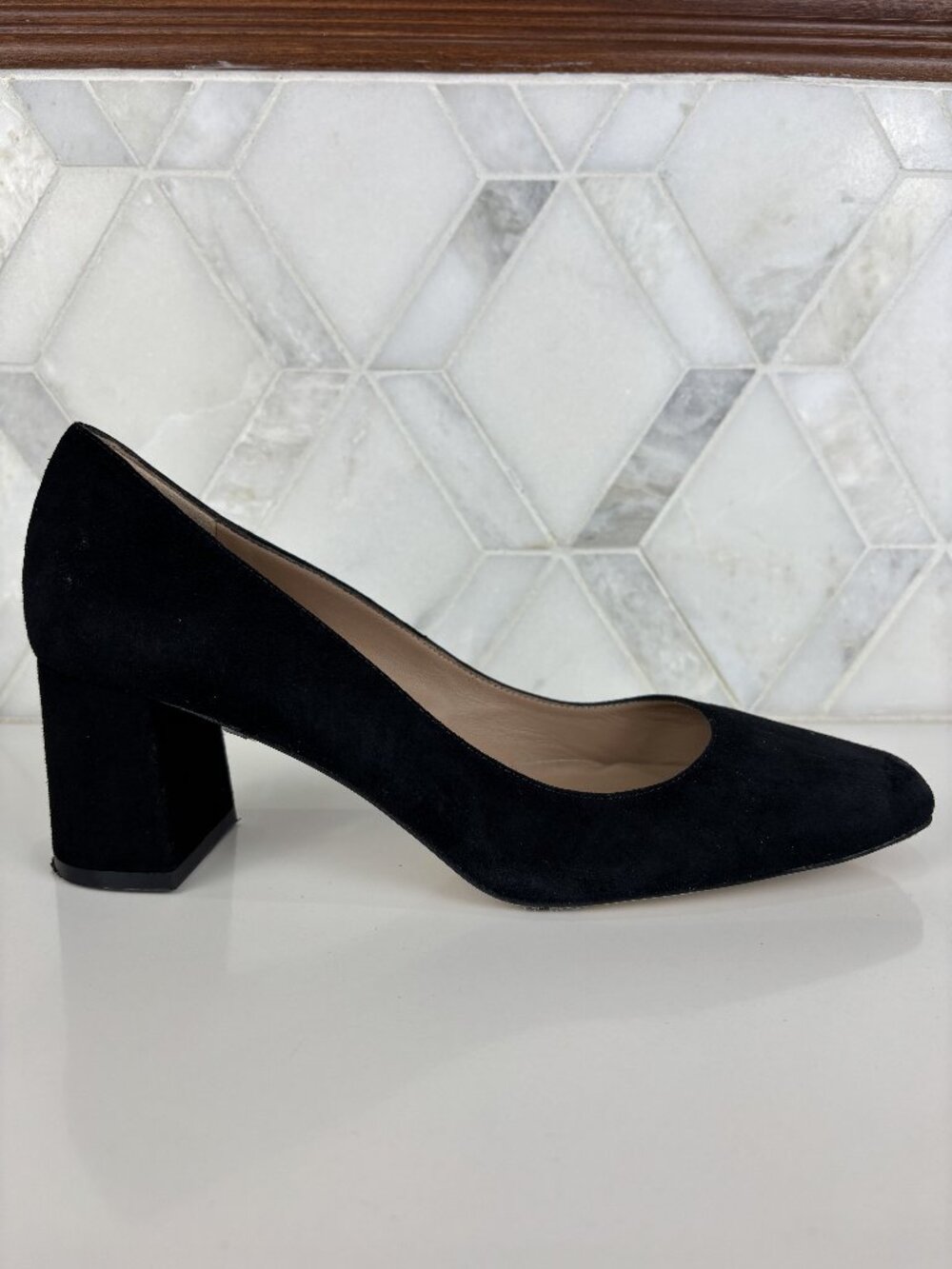 10 LK Bennett Sally Square Toe Pump Heel Court Black Leather Suede Block Heel - Picture 4 of 14
